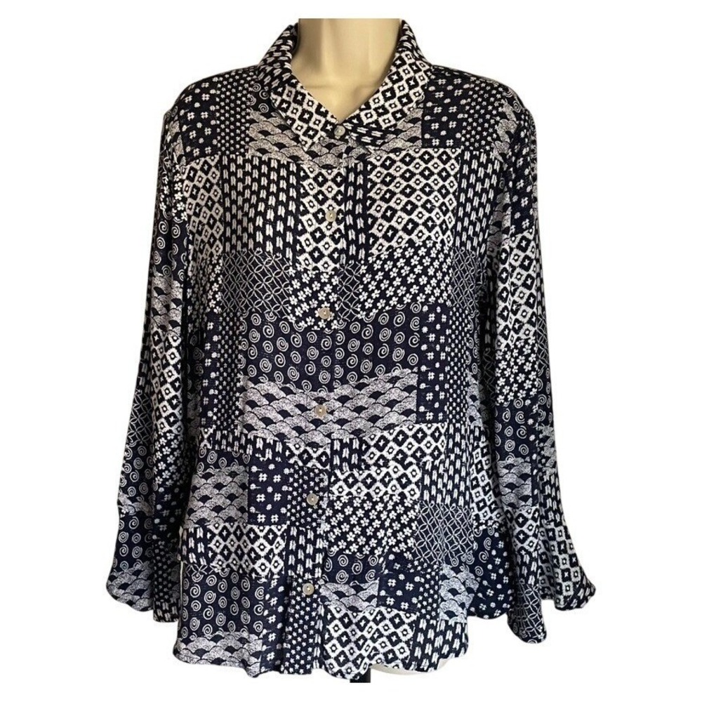 Habitat Patchwork Blouse Size L Blue White Button Front Relaxed Artsy